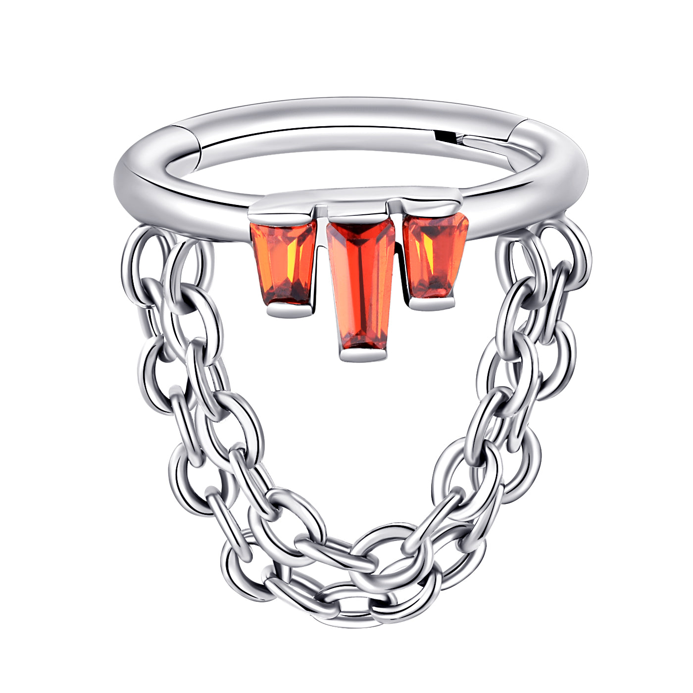 Ring with red side gems and chains
