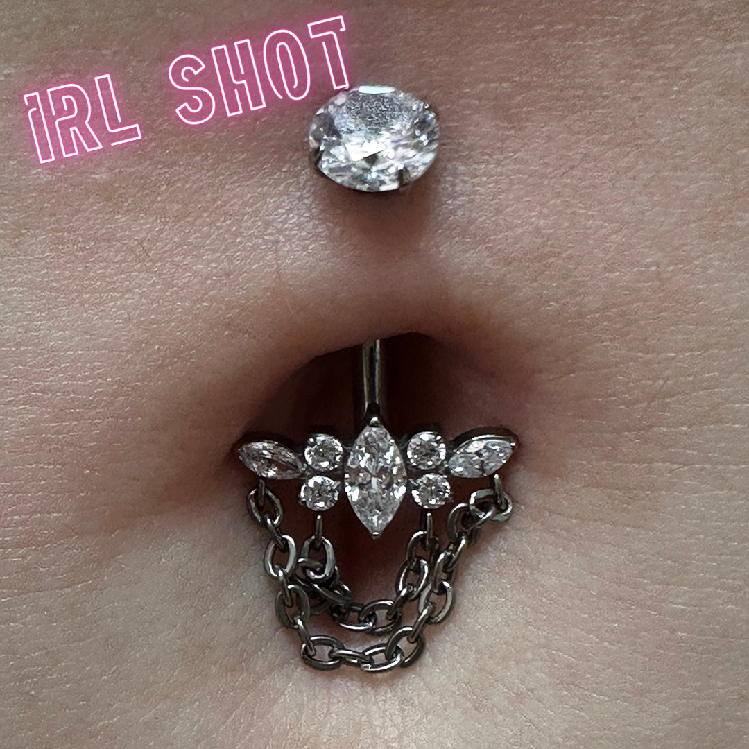 Navel barbell with gems and chains