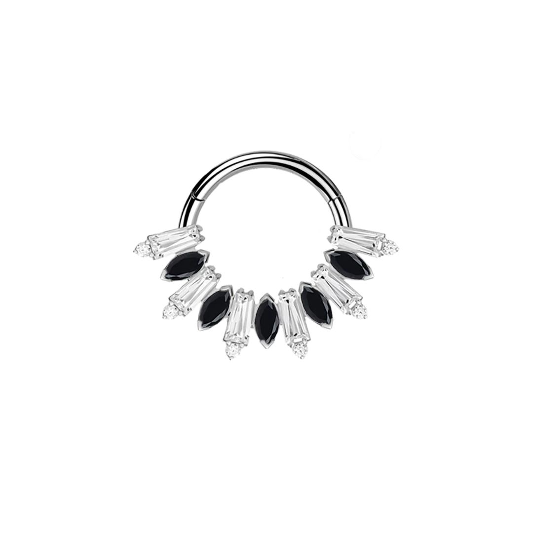 Ring with clear and black gems