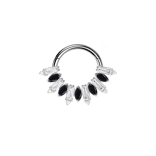 Ring with clear and black gems