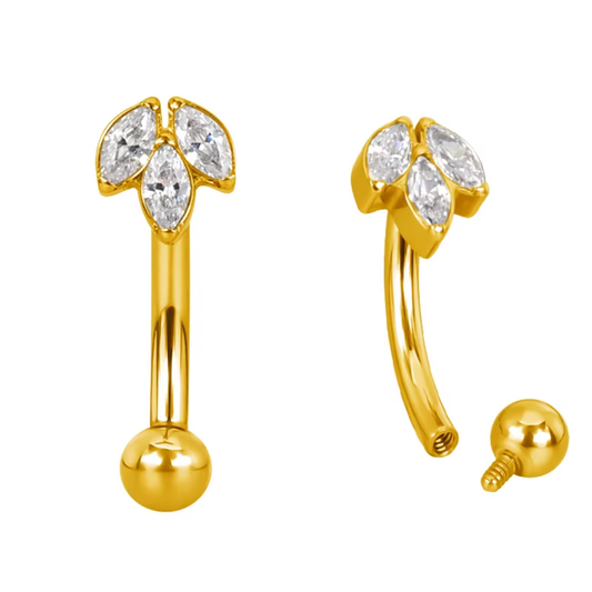 PVD Gold Eyebrow/rook barbell with triple marquise