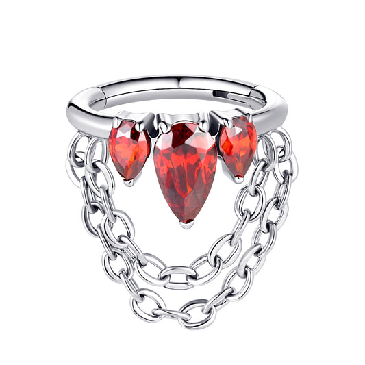 Ring with red side gems and chains