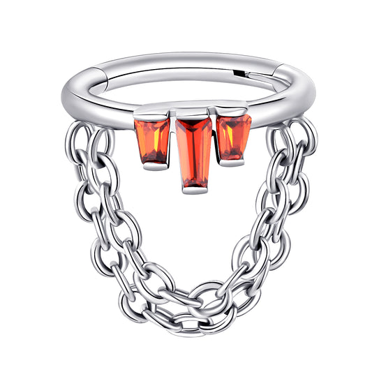 Ring with red side gems and chains